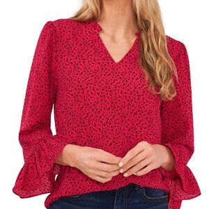 CeCe Women's Ruffled V-Neck Elbow-Sleeve Blouse - Rose Cerise